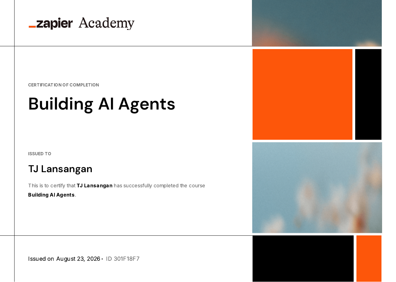 Zapier Academy Building AI Agents certificate awarded to TJ Lansangan
